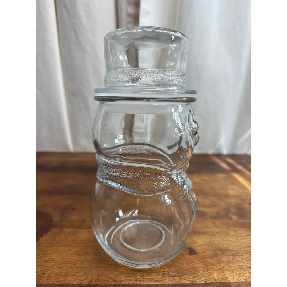 Vintage Glass Snowman Christmas Winter Lidded Canister Candy Nut Jar Home Décor